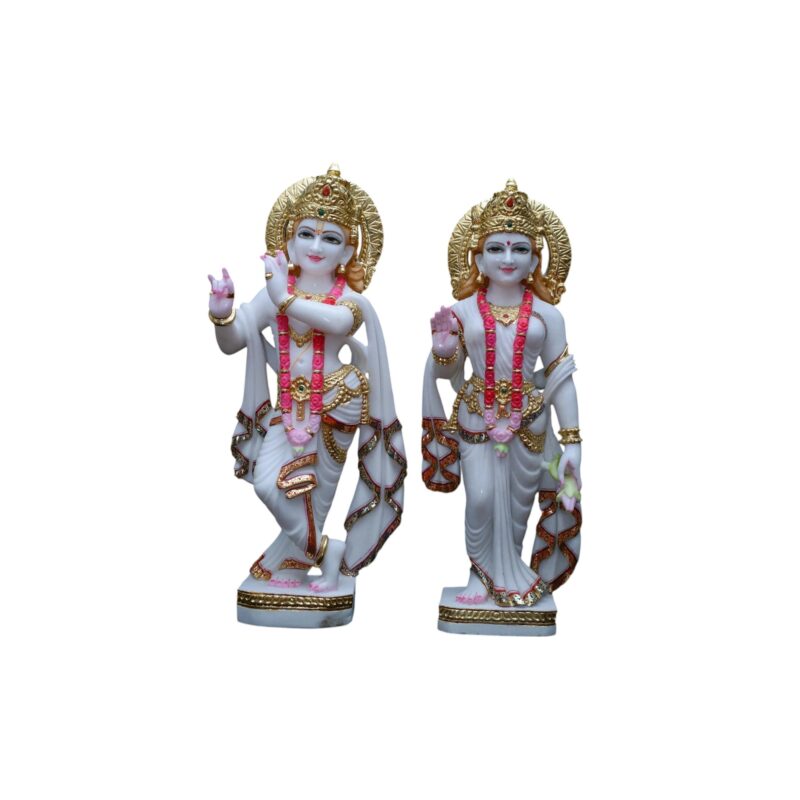 Marble Radha Krishna in Pink Maala and Gold Work - Image 2