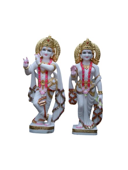 Marble Radha Krishna in Pink Maala and Gold Work