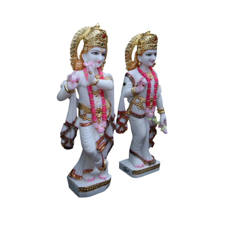 Marble Radha Krishna in Pink Maala and Gold Work - Image 3