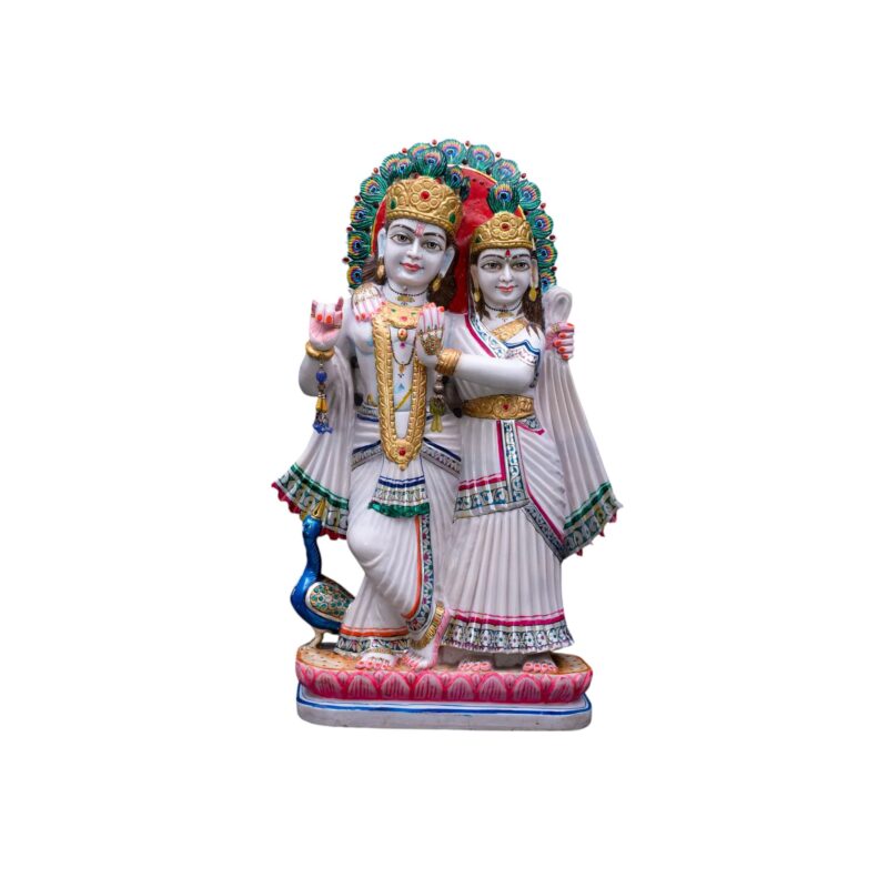 Radha Krishna Marble Statue with Peacock Feathers on Top - Image 2