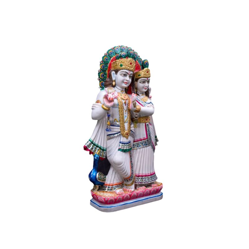 Radha Krishna Marble Statue with Peacock Feathers on Top - Image 3