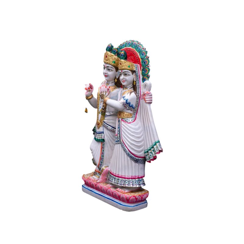 Radha Krishna Marble Statue with Peacock Feathers on Top - Image 4