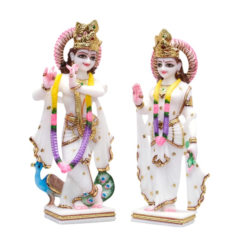 Makrana White Marble Jugal Jodi Radha Krishna and Peacock Murti For Temple - Image 2