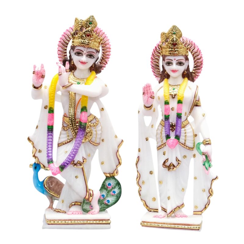 Makrana White Marble Jugal Jodi Radha Krishna and Peacock Murti For Temple - Image 3