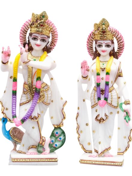 Makrana White Marble Jugal Jodi Radha Krishna and Peacock Murti For Temple