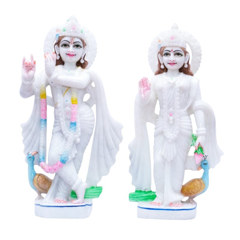 Radha Krishna Jodi With Two Peacocks in the Background Makrana Marble Murti - Image 2