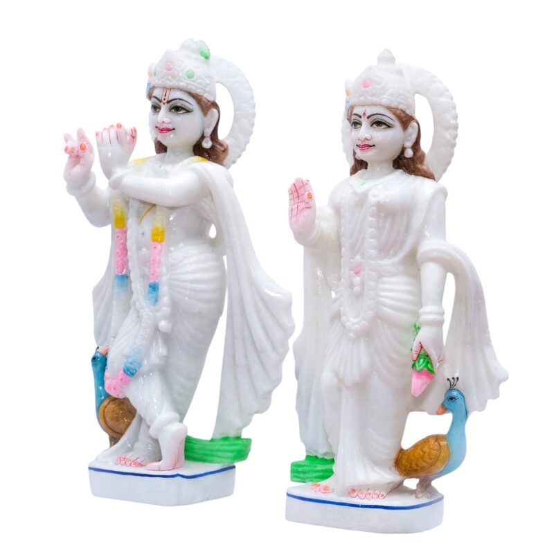 Radha Krishna Jodi With Two Peacocks in the Background Makrana Marble Murti - Image 3