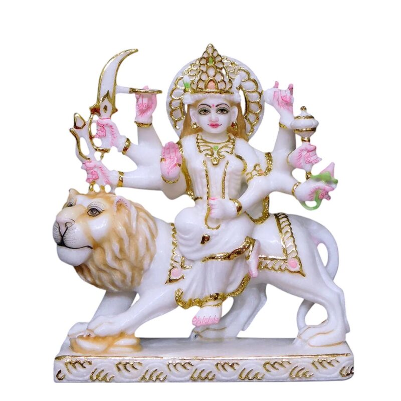 Durga Mata Cut-Gold Makrana Marble Statue For Temple