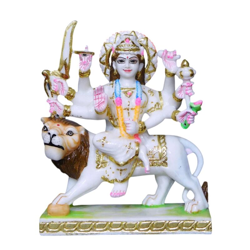 Durga Mata Cut-Gold Makrana White Marble Statue