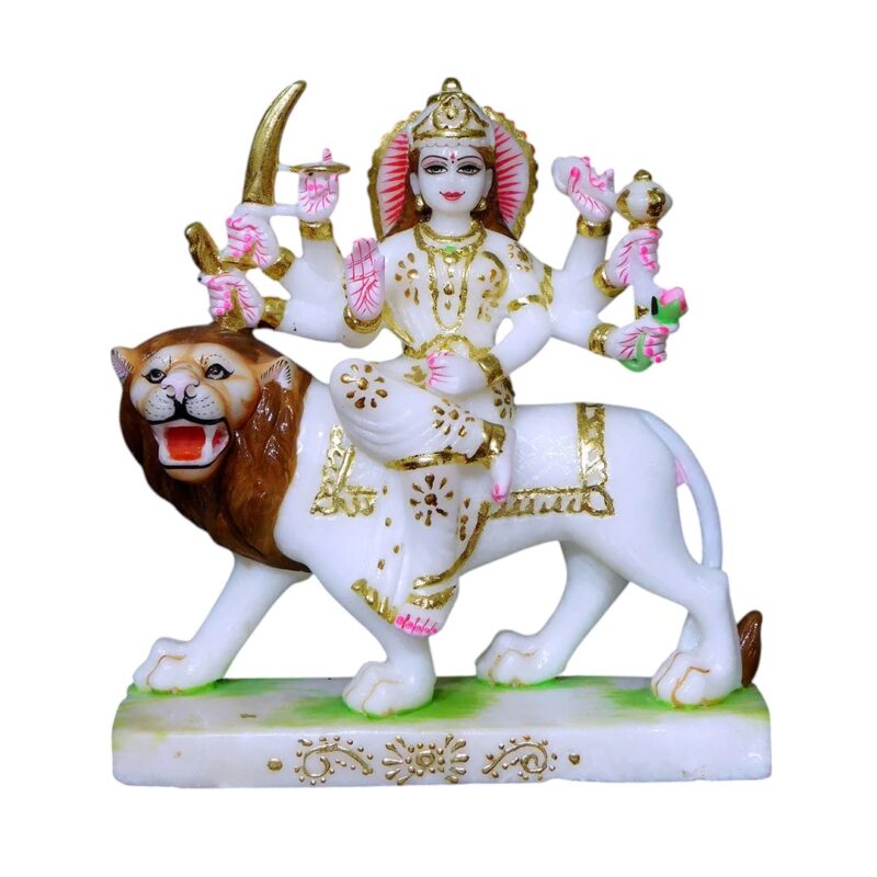 Durga Mata Cut-Gold Makrana White Marble Statue