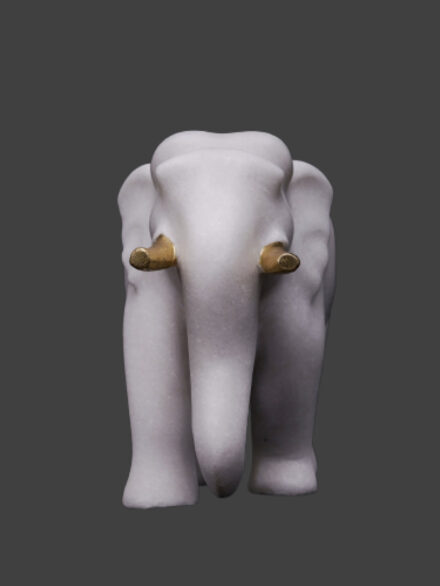 White Vietnam Marble Elephant Statue with Golden Tusks 15 Inch