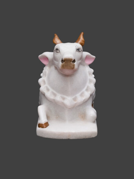 Marble Nandi Statue in White with Brown Horns
